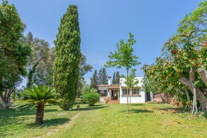 A house with a front yard, a pathway leading to the entrance, and a tall tree in the center.