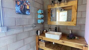 Hair dryer, towels, soap, shampoo