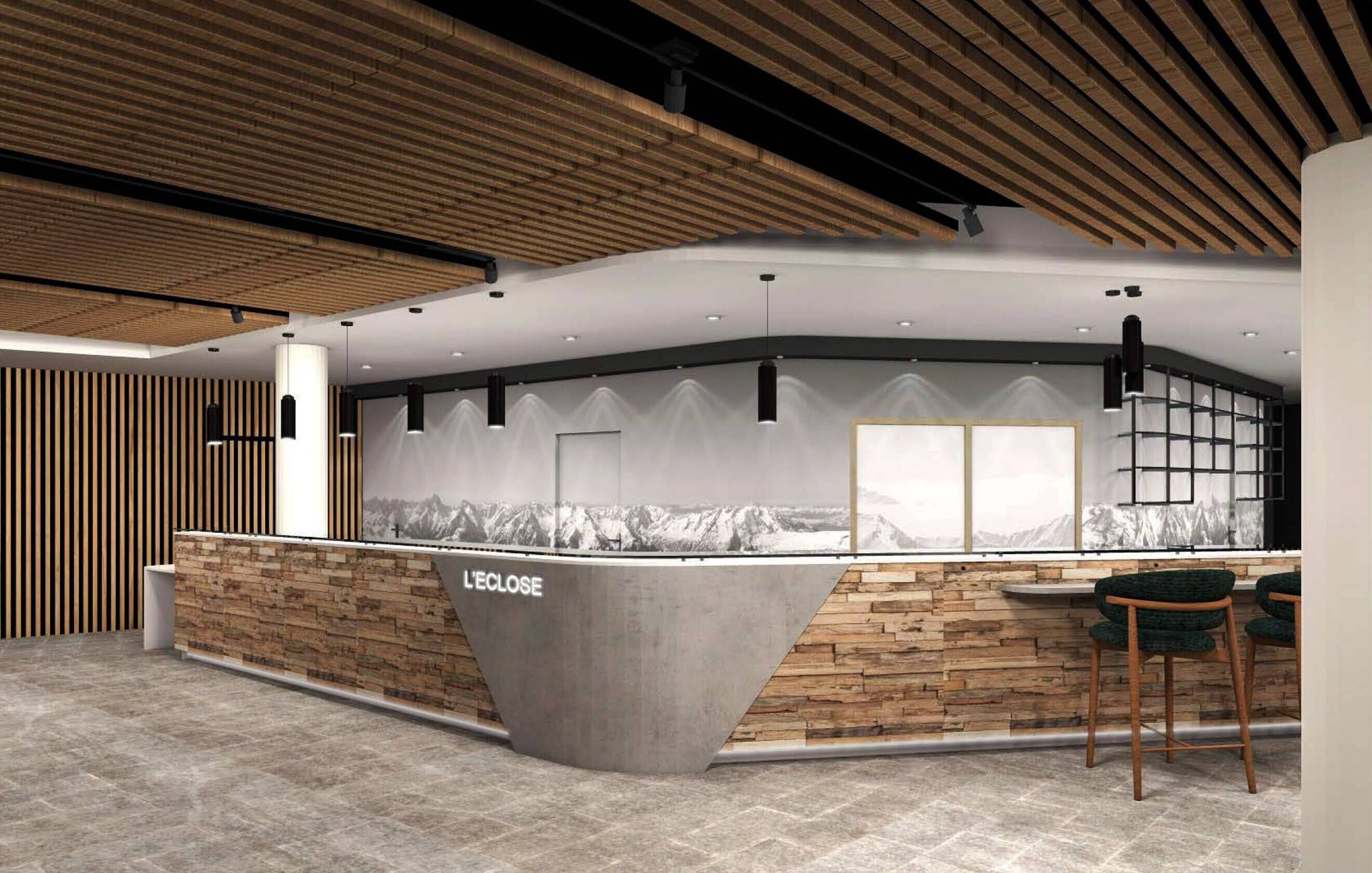 A reception area with a wooden ceiling, a stone wall, and a large window with a mountain view.