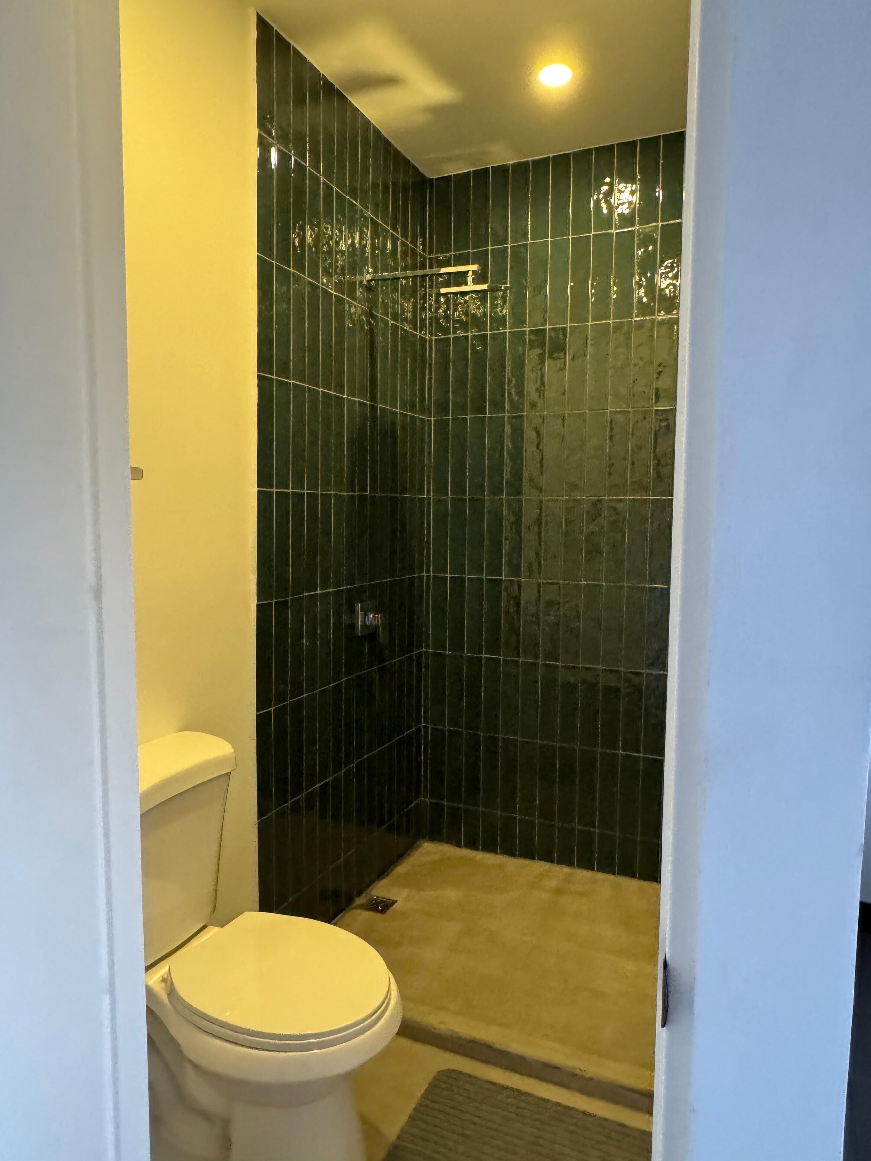 A small, enclosed bathroom with a toilet and a shower stall.