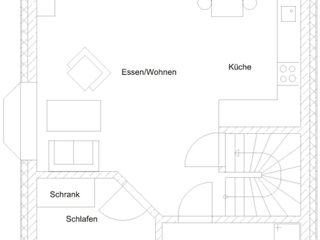 Plano de planta con áreas señaladas: 'Essen/Wohnen', 'Cocina', 'Armario' y 'Dormir'.