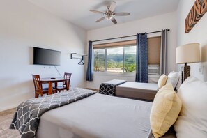 1 chambre, bureau, fer et planche à repasser, lit parapluie