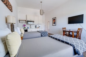 1 bedroom, desk, iron/ironing board, travel cot