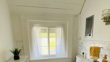 A bathroom with a toilet, a sink, a window with curtains, and a shelf with a plant.