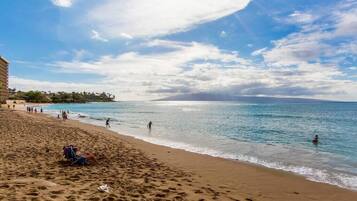 On the beach, sun loungers, beach towels