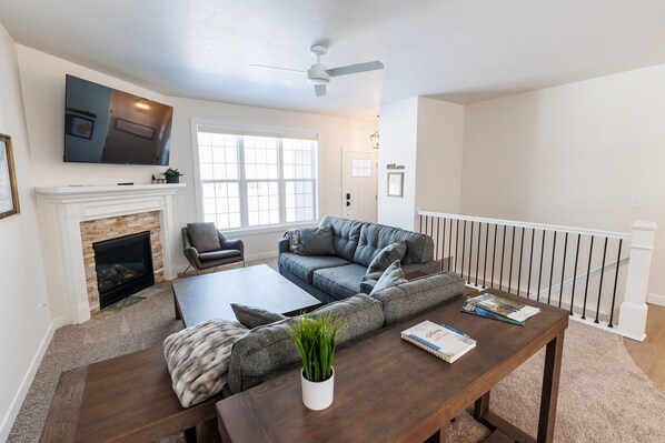 Smart TV, fireplace, books, offices