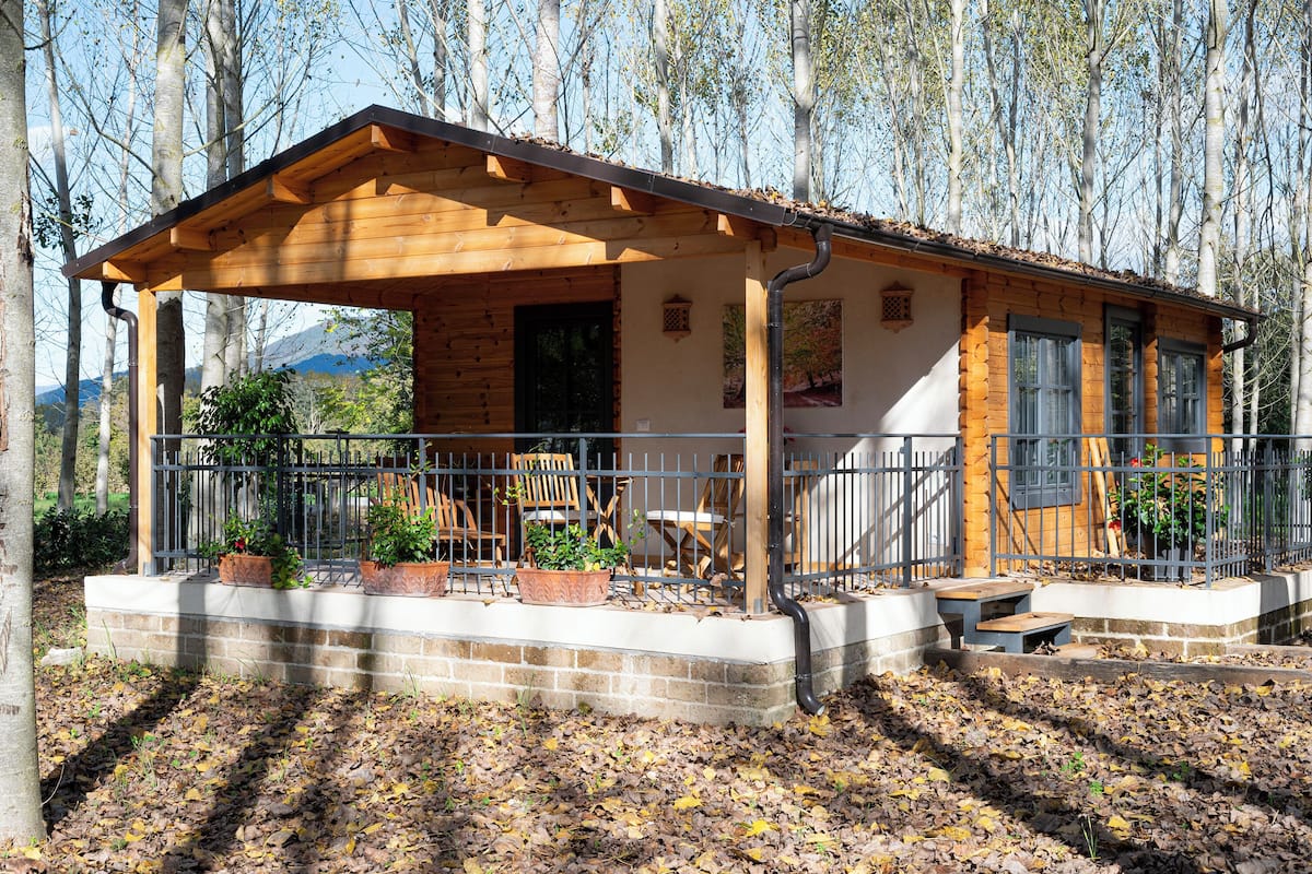 Une cabane en bois dotée d’un porche couvert, de plantes en pot et offrant une vue sur la forêt environnante.