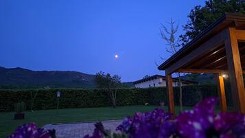 Ein Garten mit einer Holzw pergola, einer Hecke und violetten Blumen.