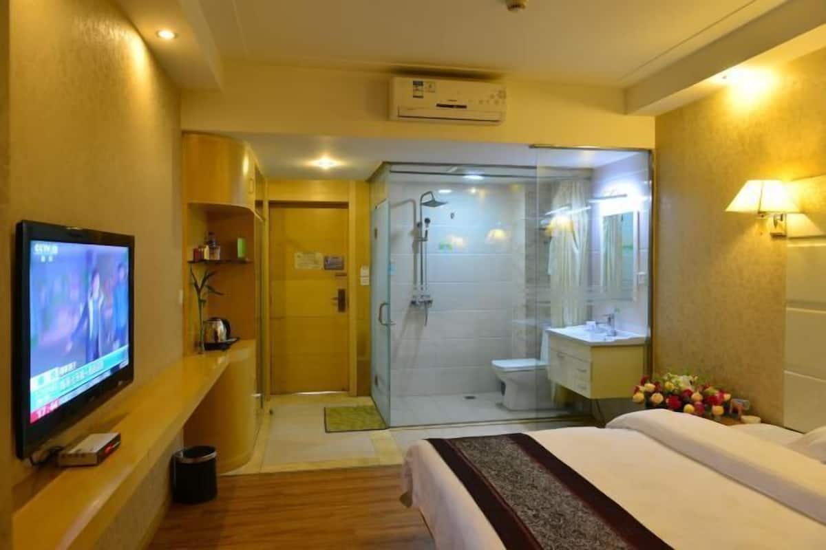 A hotel room with a TV, a bed, a shower, and a bathroom.