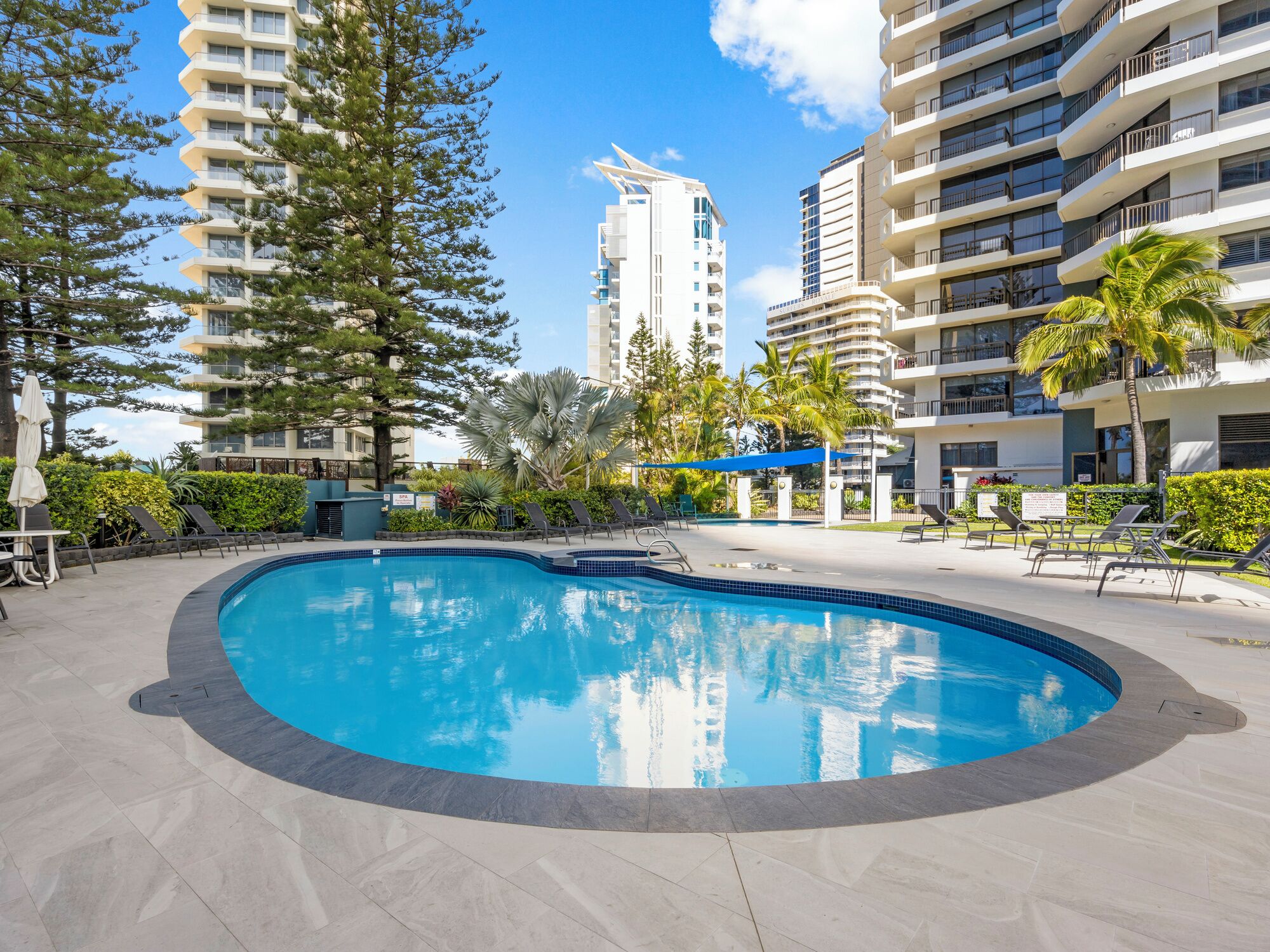 A swimming pool with lounge chairs and palm trees, surrounded by modern buildings.