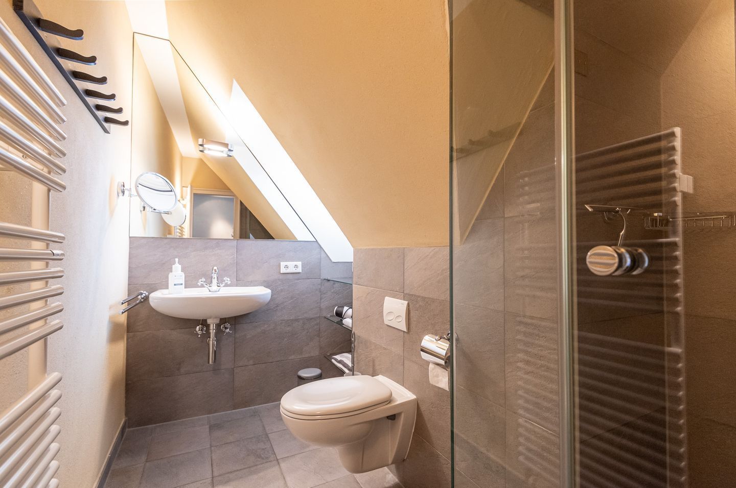 A modern bathroom with a glass shower enclosure, a sink, and a toilet.