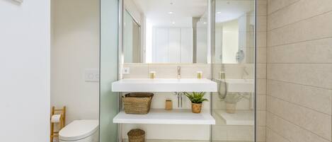 Shower, hair dryer, towels, soap