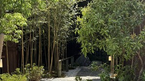 Un sendero serpentea por un jardín con bambú y otra vegetación, un camino de piedra y un letrero con caracteres chinos.