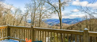 Elevated mountain-view cabin with private hot tub, 2 decks, firepit, & grill