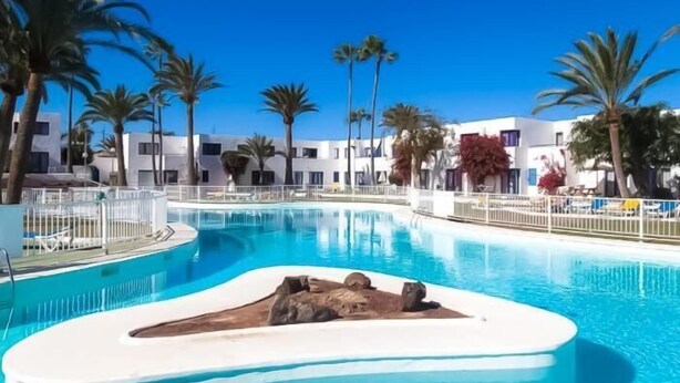 A swimming pool with a rock feature, surrounded by palm trees and white buildings.