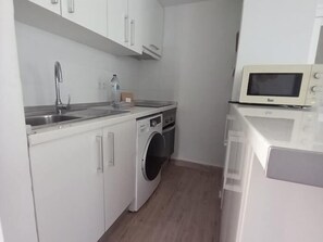 Une cuisine compacte équipée d’un lave-linge, d’un four à micro-ondes et d’un évier.
