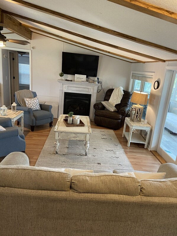 TV, fireplace, DVD player, books