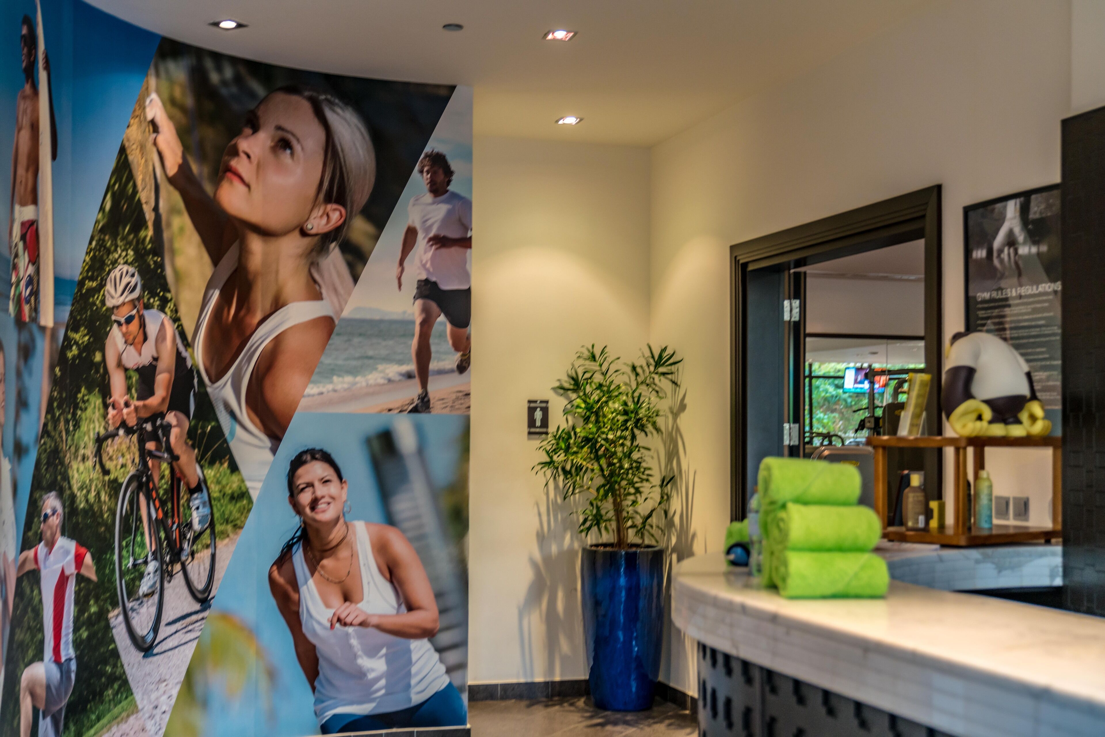 A hotel reception area with a large poster of cyclists, a potted plant, and neatly stacked towels.