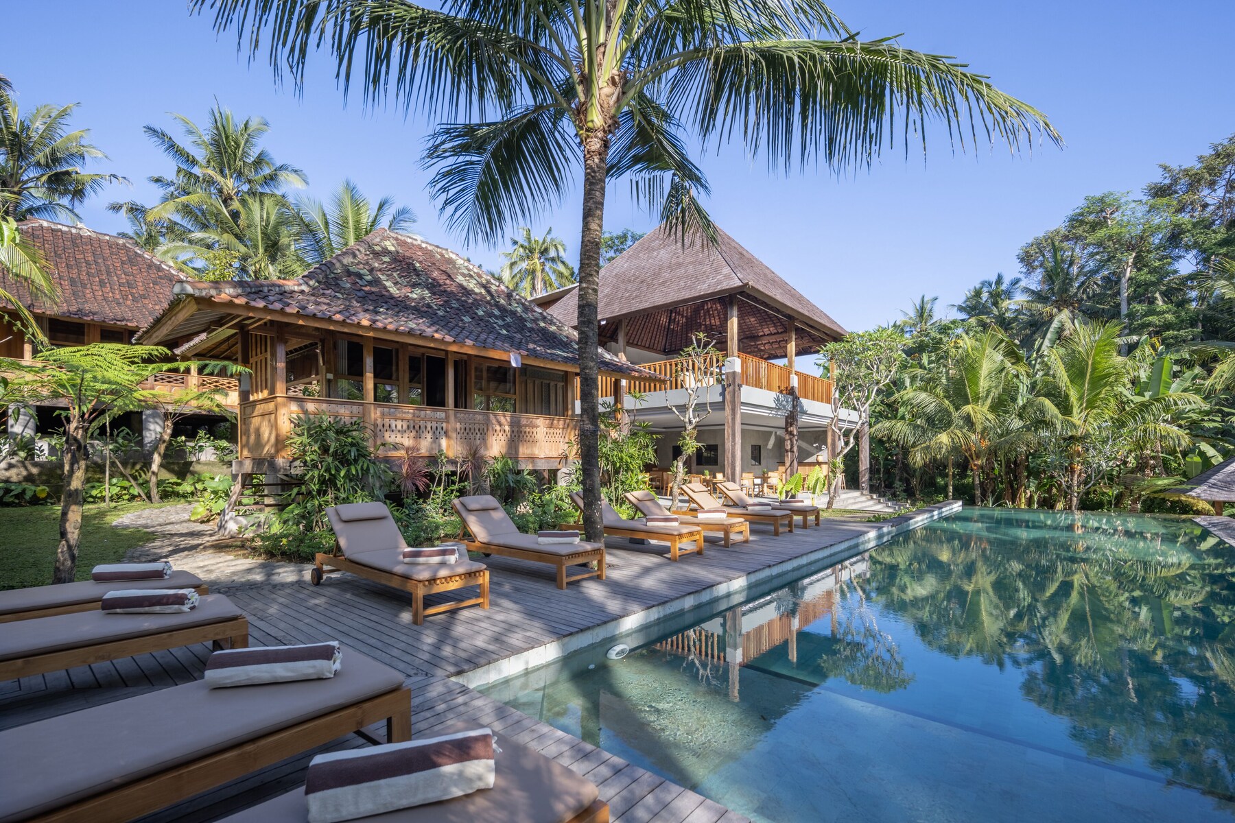 Piscine extérieure, parasols de plage, chaises longues