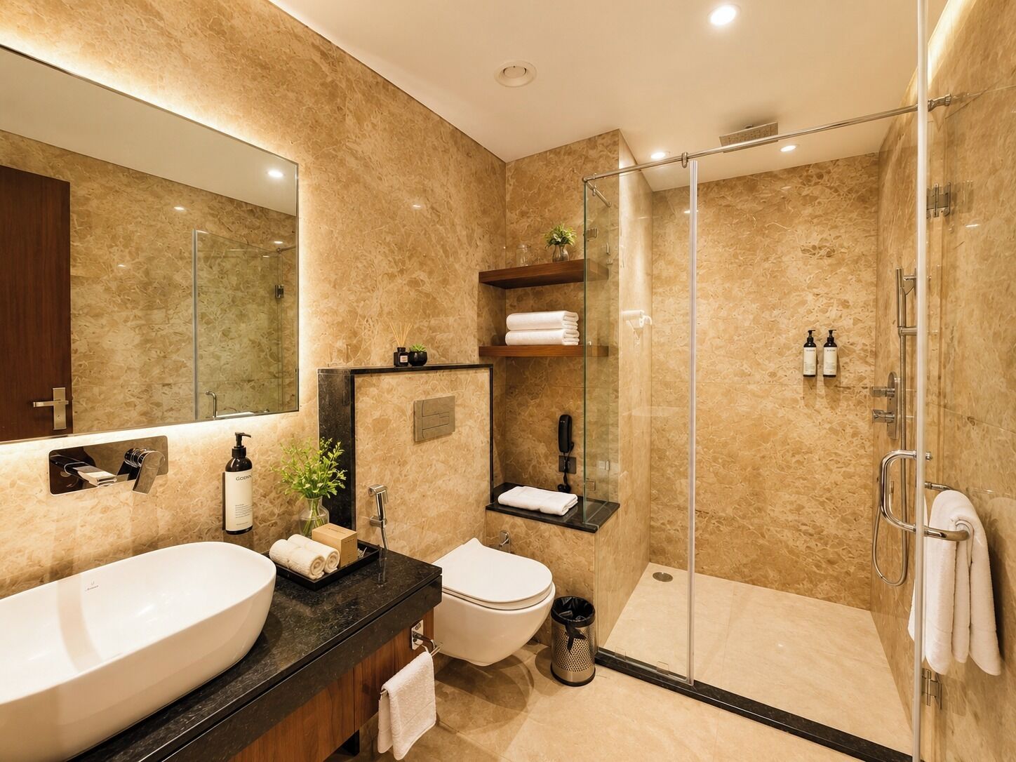 Un bagno moderno con un ampio specchio, due lavabi, un water, cabina doccia in vetro e un piccolo ripiano con asciugamani e articoli da toilette.