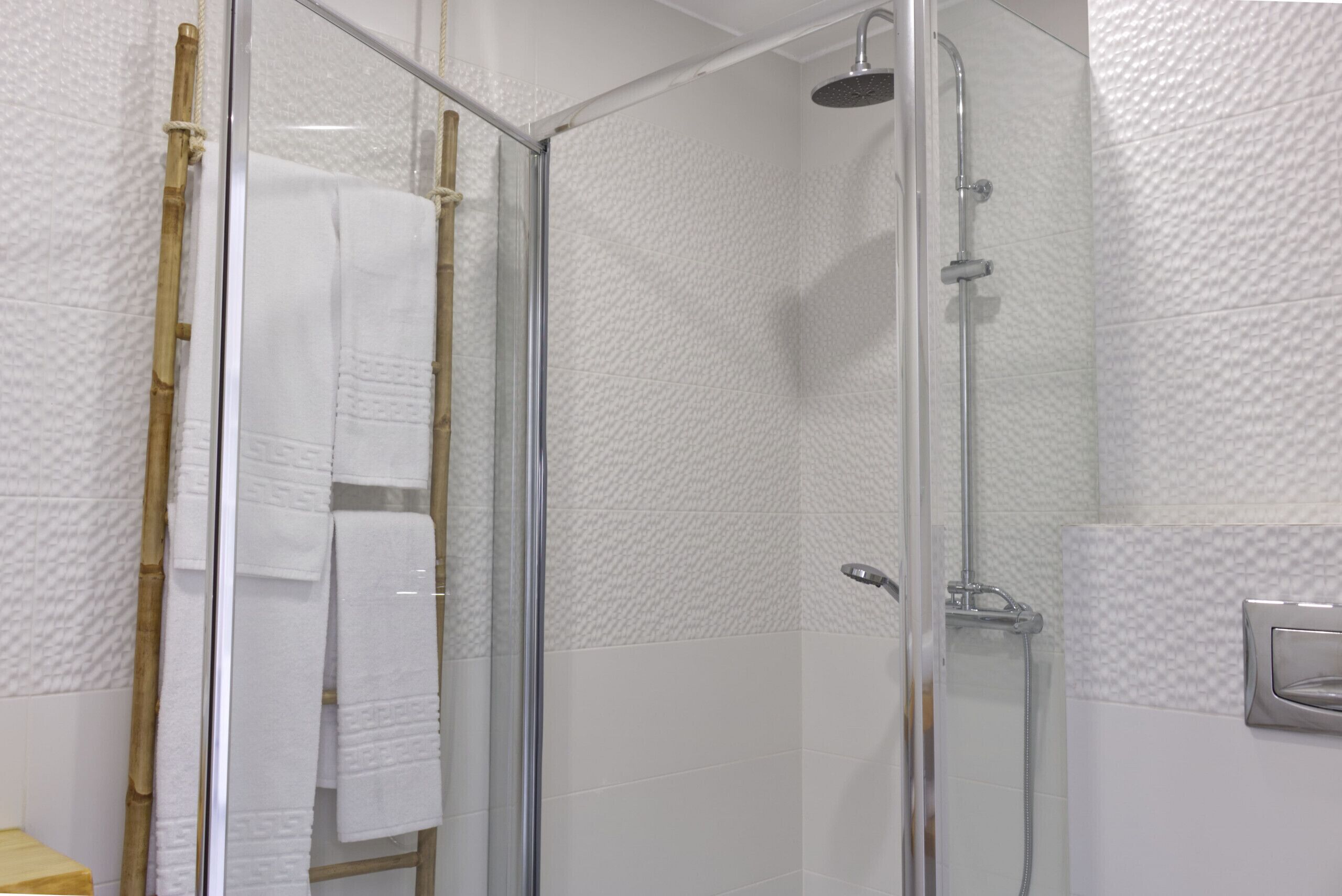 A glass-enclosed shower with a handheld showerhead and a wall-mounted faucet.