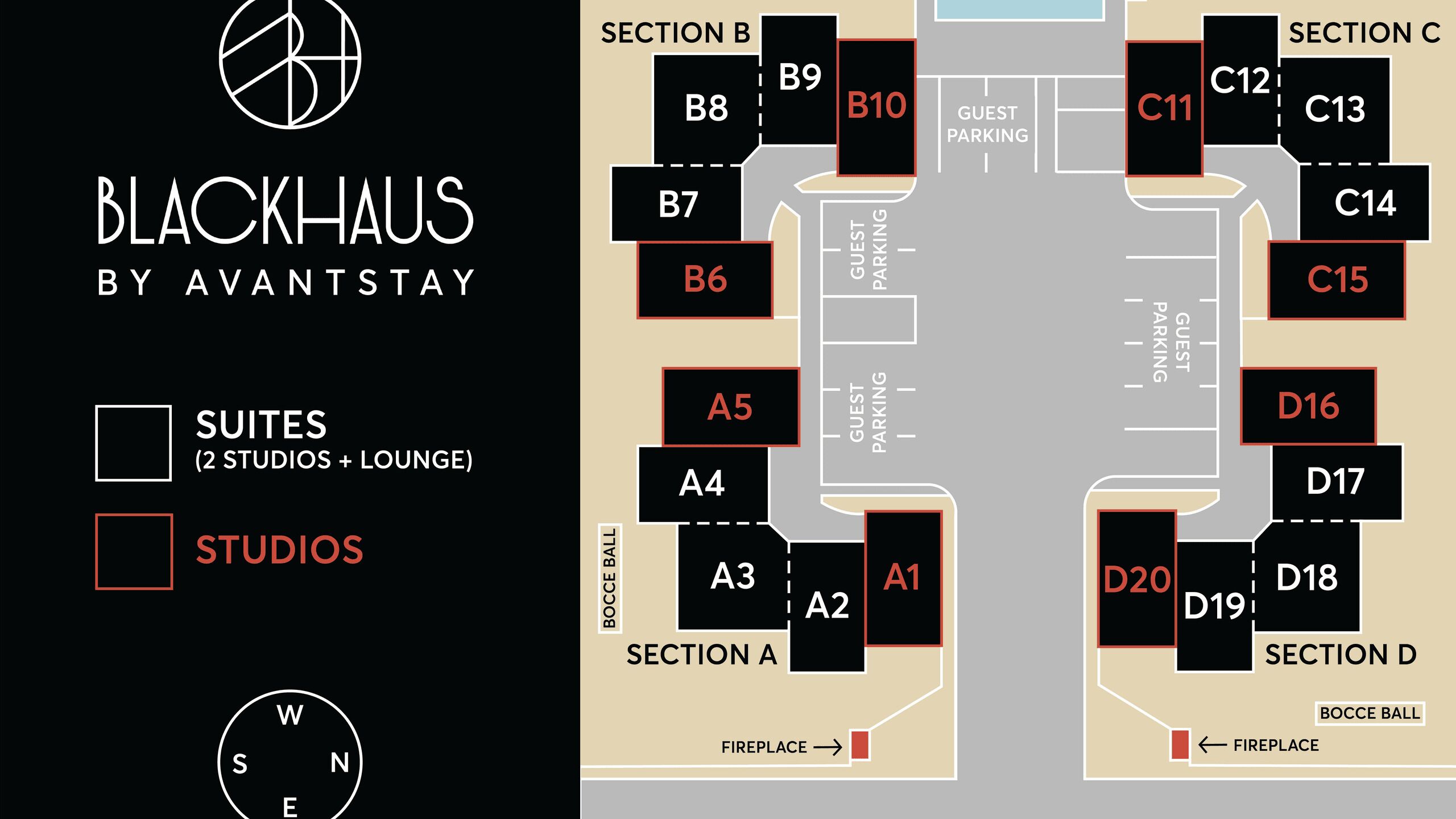 Distribución de un hotel con las secciones A, B, C y D, que incluye suites y estudios.