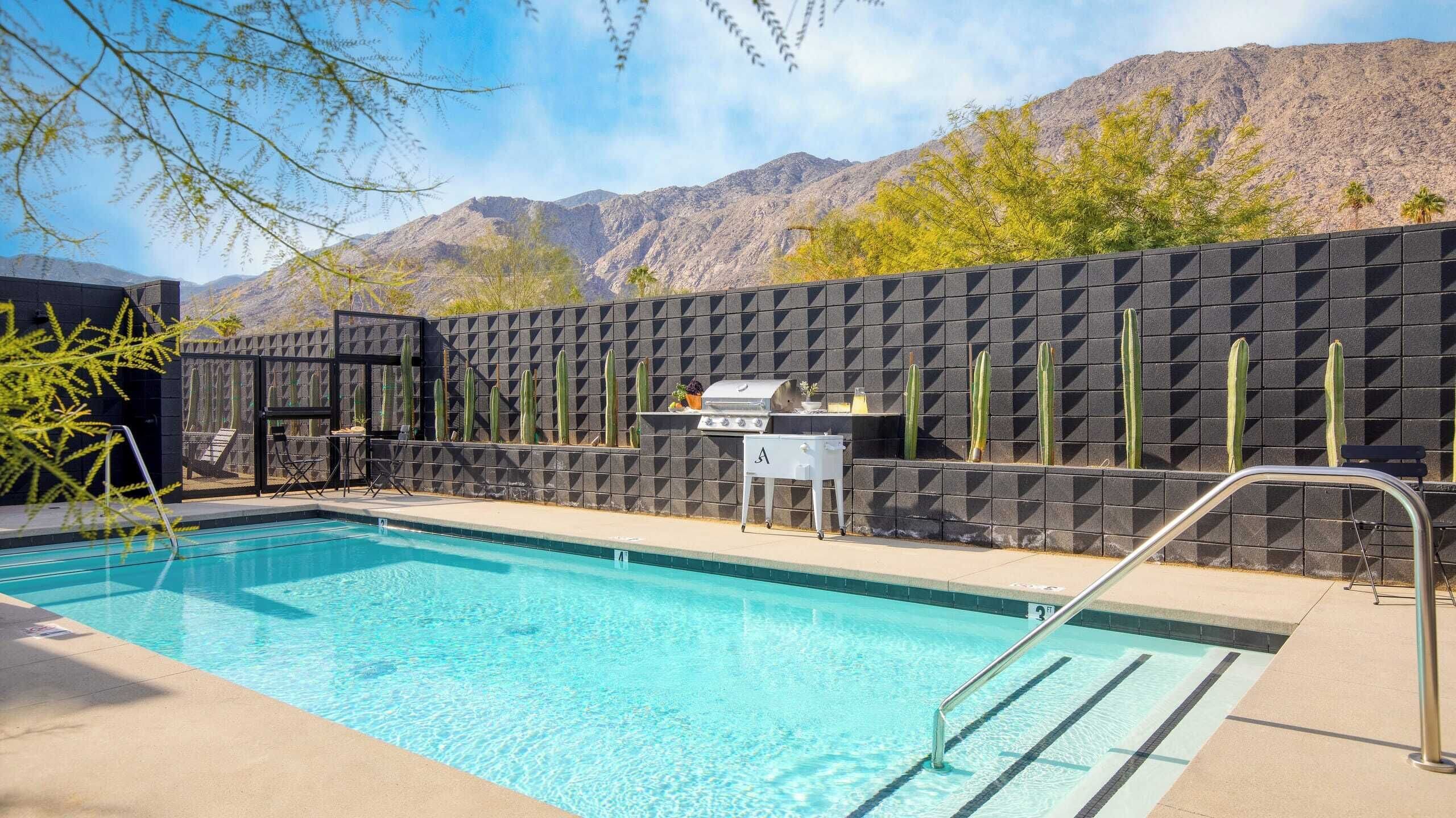 Piscina con escalera metálica, parrilla de barbacoa y cactus con montañas al fondo.