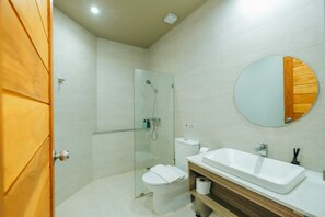 Shower, hair dryer, towels, soap
