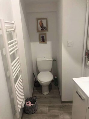 Douche, sèche-cheveux, serviettes fournies, savon