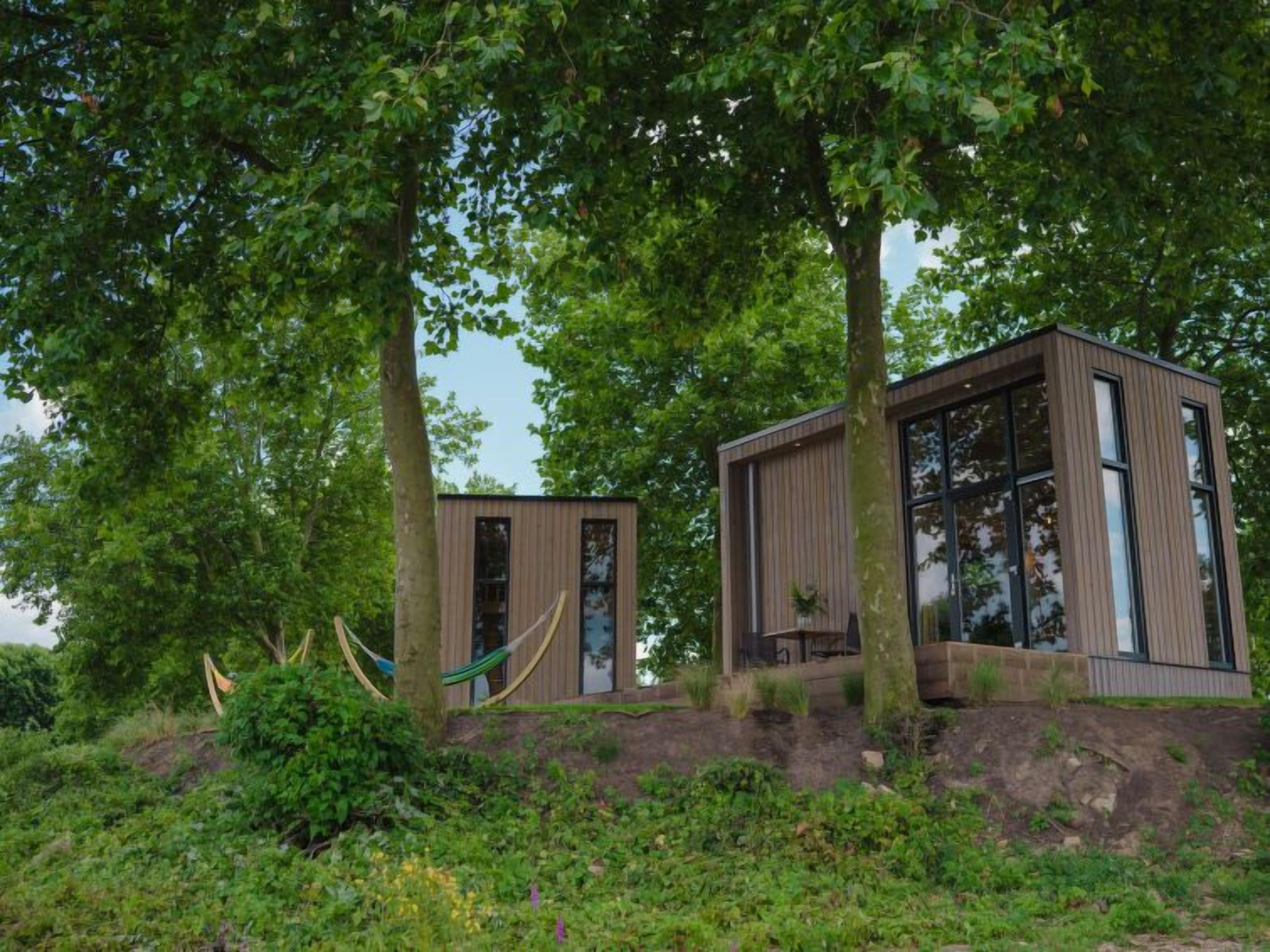Une cabane moderne dotée de grandes fenêtres et d’un revêtement extérieur en bois, entourée d’une végétation luxuriante et d’arbres.