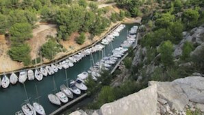 Eine Marina mit Booten, die an einem geschwungenen Steg liegen, umgeben von felsigen Klippen und dichter Vegetation.