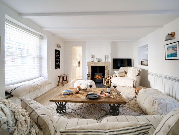 TV, fireplace, books