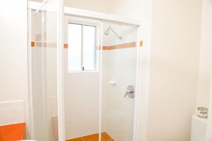 Ducha con puerta de vidrio, ventana y barra para toallas.