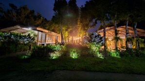 Un bâtiment moderne à la façade vitrée, entouré d’une végétation luxuriante et illuminé par des guirlandes lumineuses.