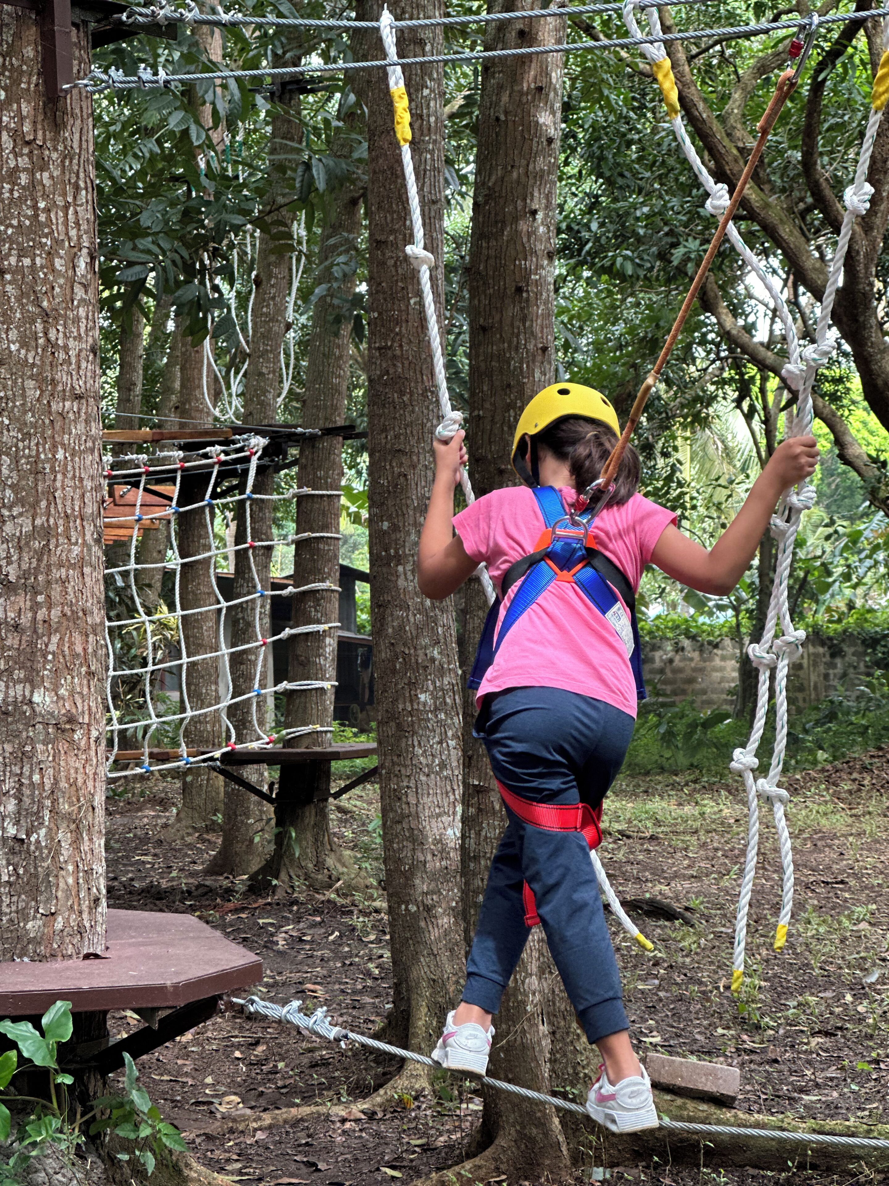 A person navigating a rope course in a wooded area.