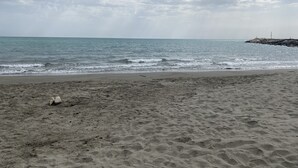 Una spiaggia con un promontorio roccioso all'orizzonte e un cielo nuvoloso.