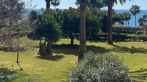 A well-maintained garden with palm trees and shrubs, a clear blue sky, and a view of the sea in the background. - Mango Estudio!! Piscina!! Playa a 150m!! (Torrox)