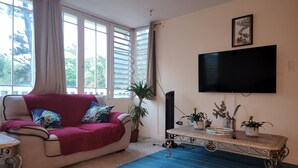 A living room with a sofa, a flat-screen TV, a coffee table with plants, and a large window with curtains. - Cozy private room in shared residence with pool (San Juan)