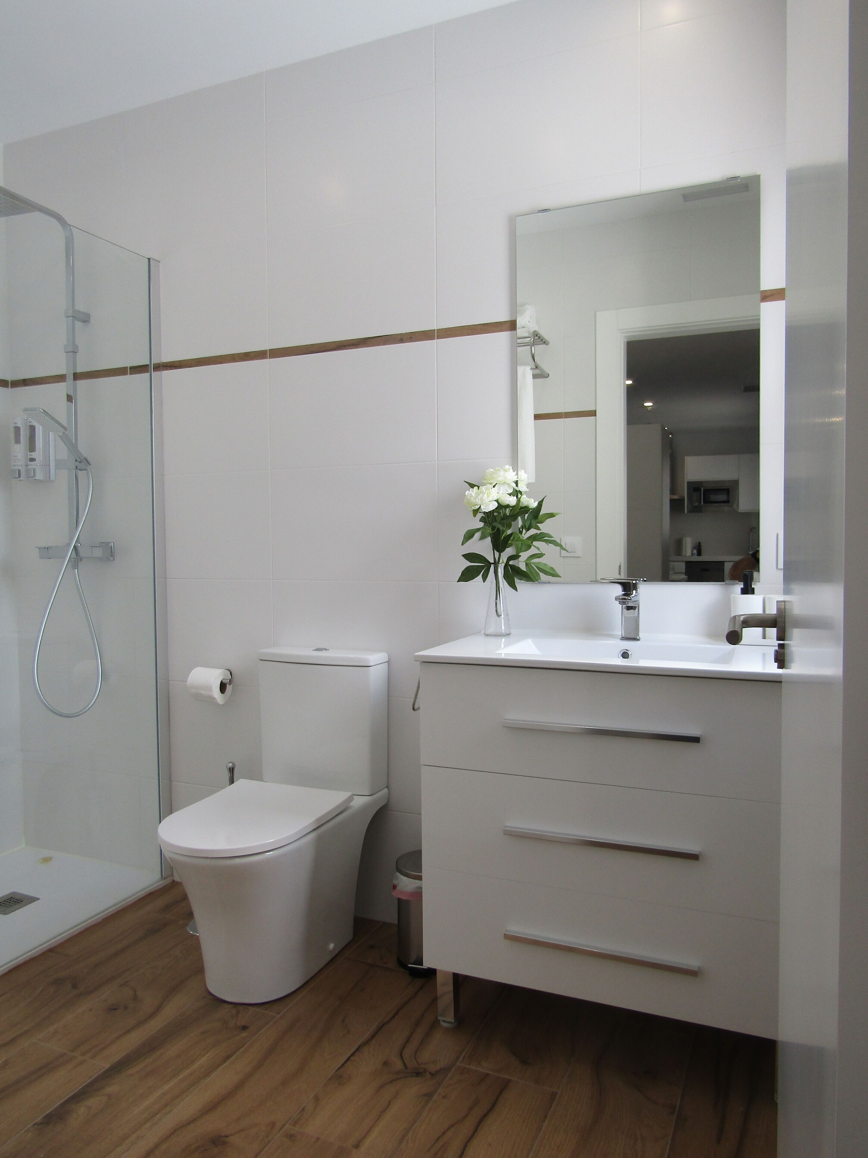 A modern bathroom with a toilet, a shower, and a vanity with a mirror.
