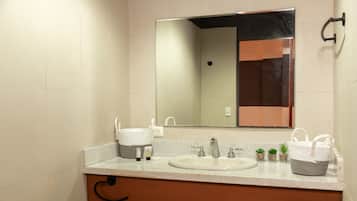 A bathroom with a sink, mirror, towel rack, and a small plant on the counter.