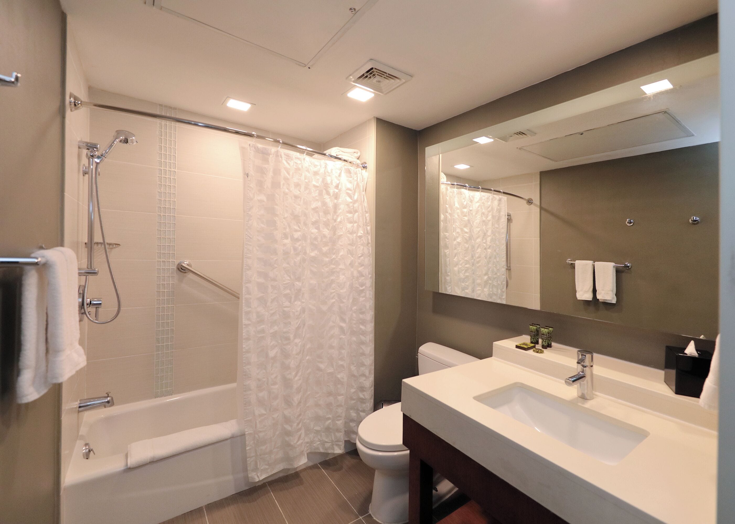 A modern bathroom with a bathtub, shower, toilet, and a large mirror.