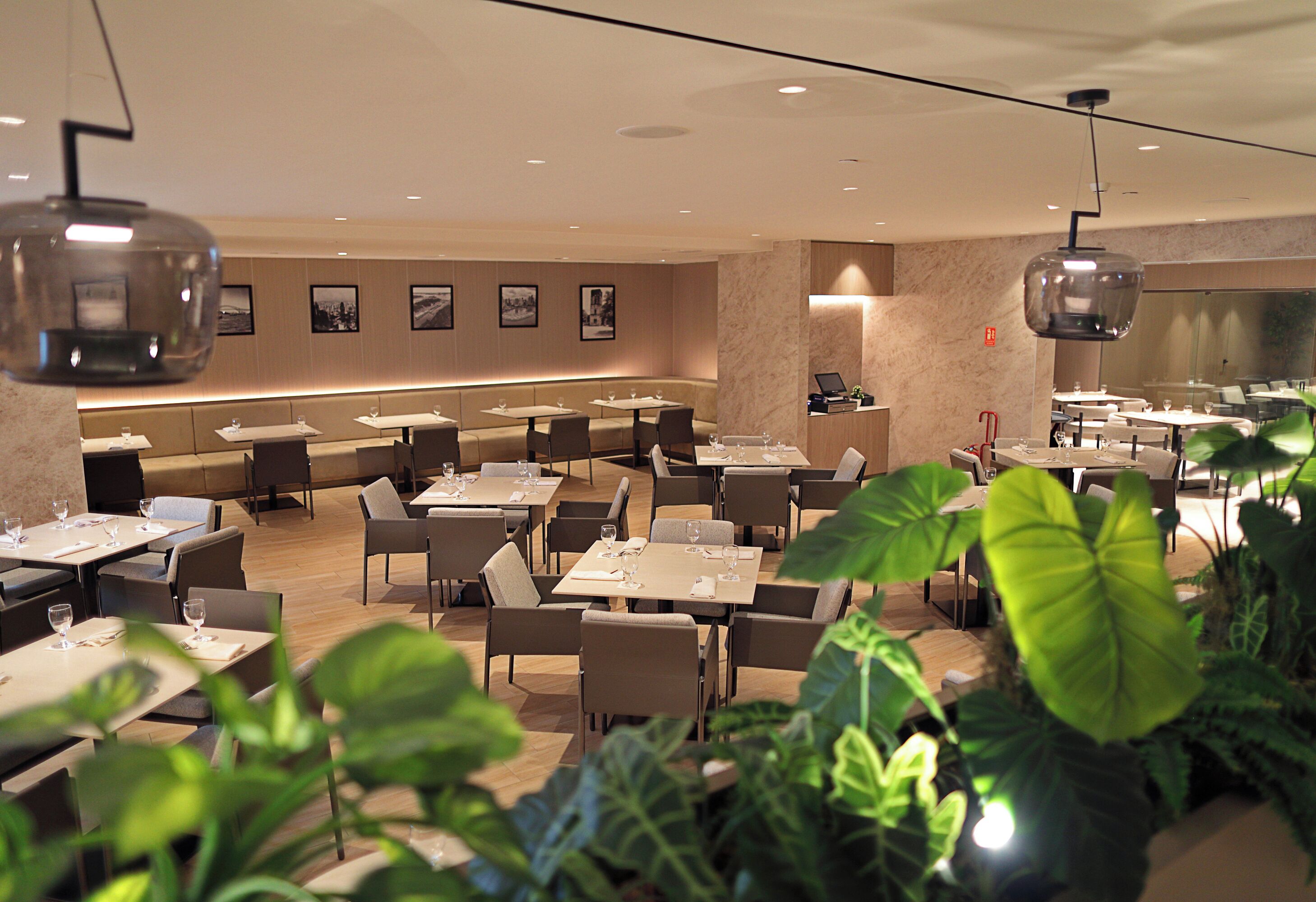 A restaurant with multiple tables and booths, some with plants in the foreground.