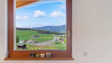 A window with a view of a green landscape, a wooden window frame, and a power outlet on the wall.