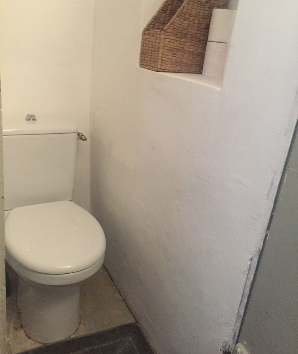 Une petite salle de bain étroite, avec des toilettes blanches, un porte-rouleau de papier toilette visible et un porte-serviettes fixé au mur.