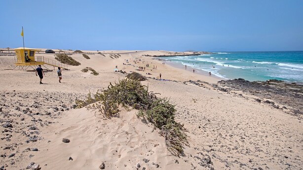 Una spiaggia sabbiosa con una torretta di salvataggio, affioramenti rocciosi e l'oceano.