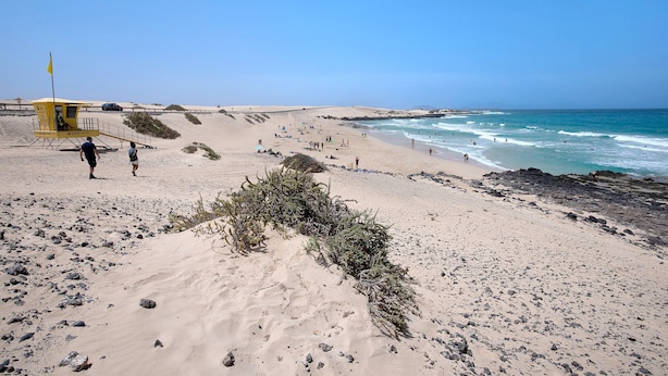 Ein Strand mit einem Rettungsturm, Sanddünen und dem Meer.