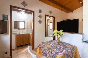 A room with a bed, a TV, a kitchen area, and a bathroom.