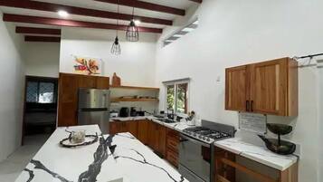 Fridge, oven, stovetop, coffee/tea maker