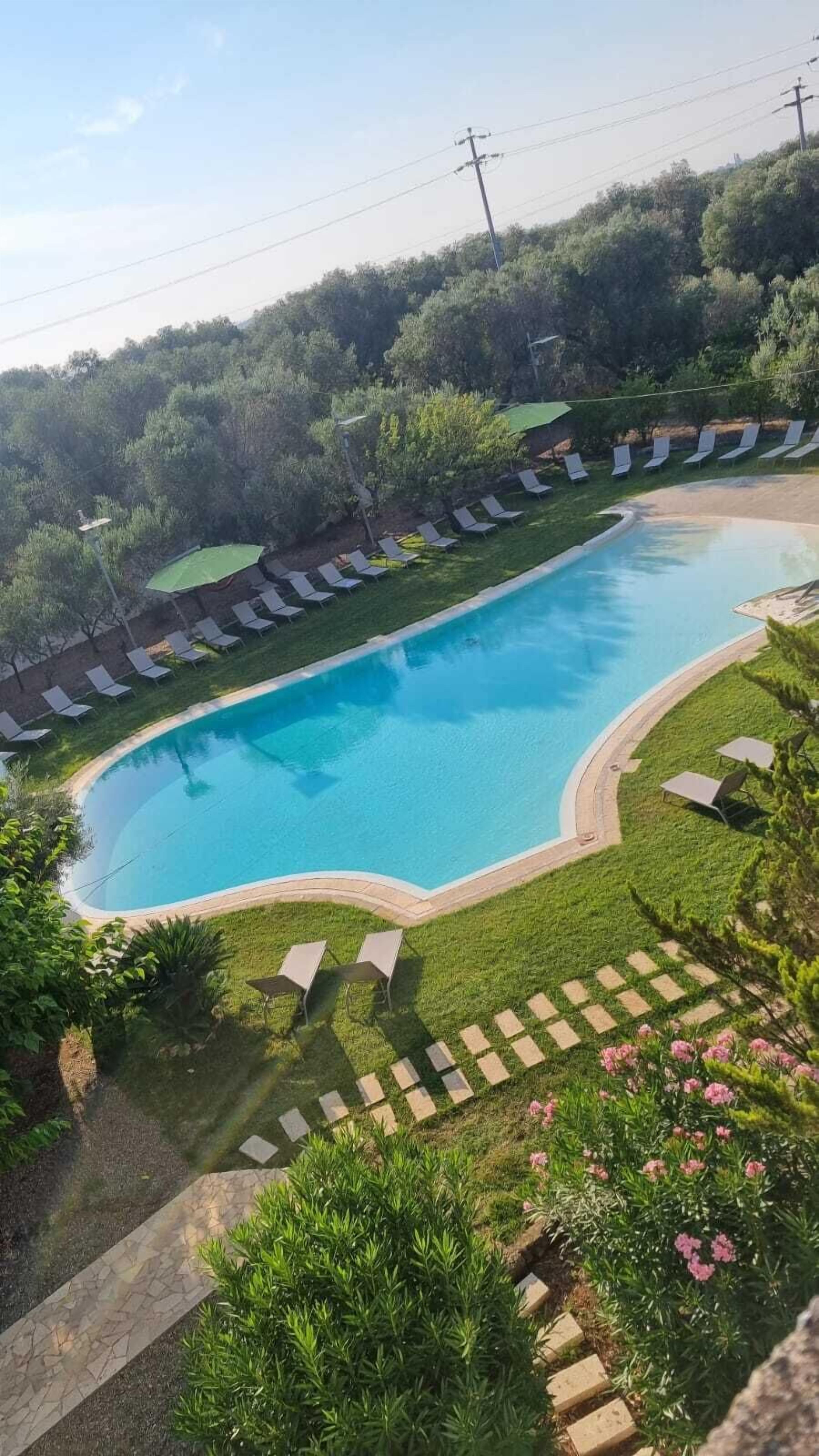 Seasonal outdoor pool, pool loungers