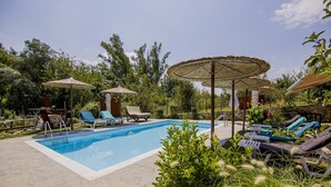 Une piscine entourée de verdure, avec des chaises longues et des parasols.